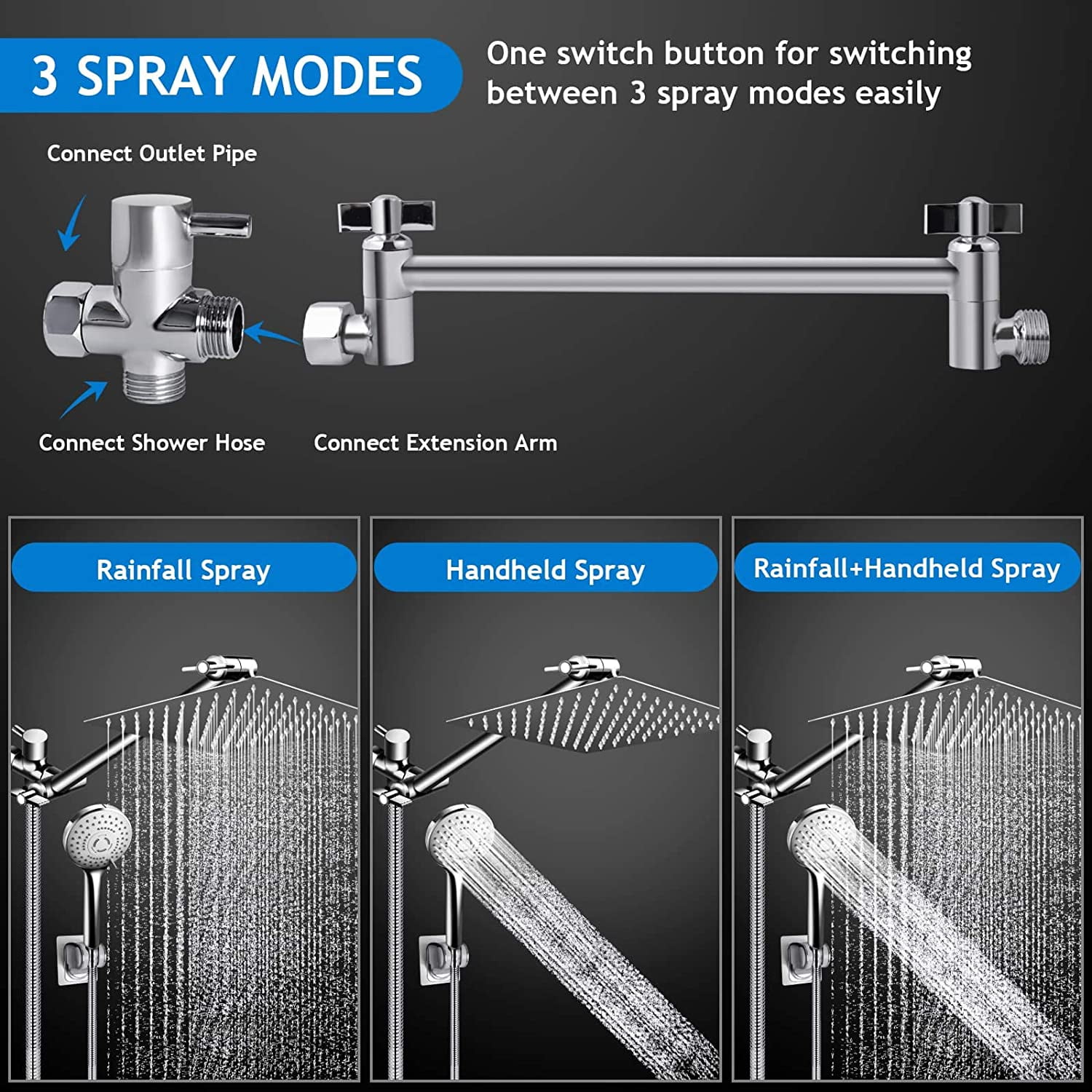 KINGTACK 12 Inch Rain Shower Head, High Pressure Shower Heads with 5 Spray Filtered Shower Head, Chrome