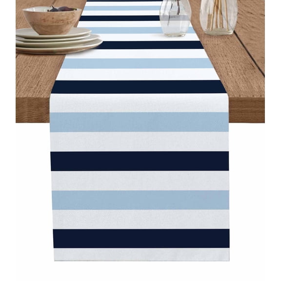 Hokiten Table Runners 90 Inches Long Dress Scarves, Navy Blue Aqua Striped Farmhouse Coffee/Dining/Kitchen Table Runner for Living Room, Farmhouse Stripe Art 13x90 Inch