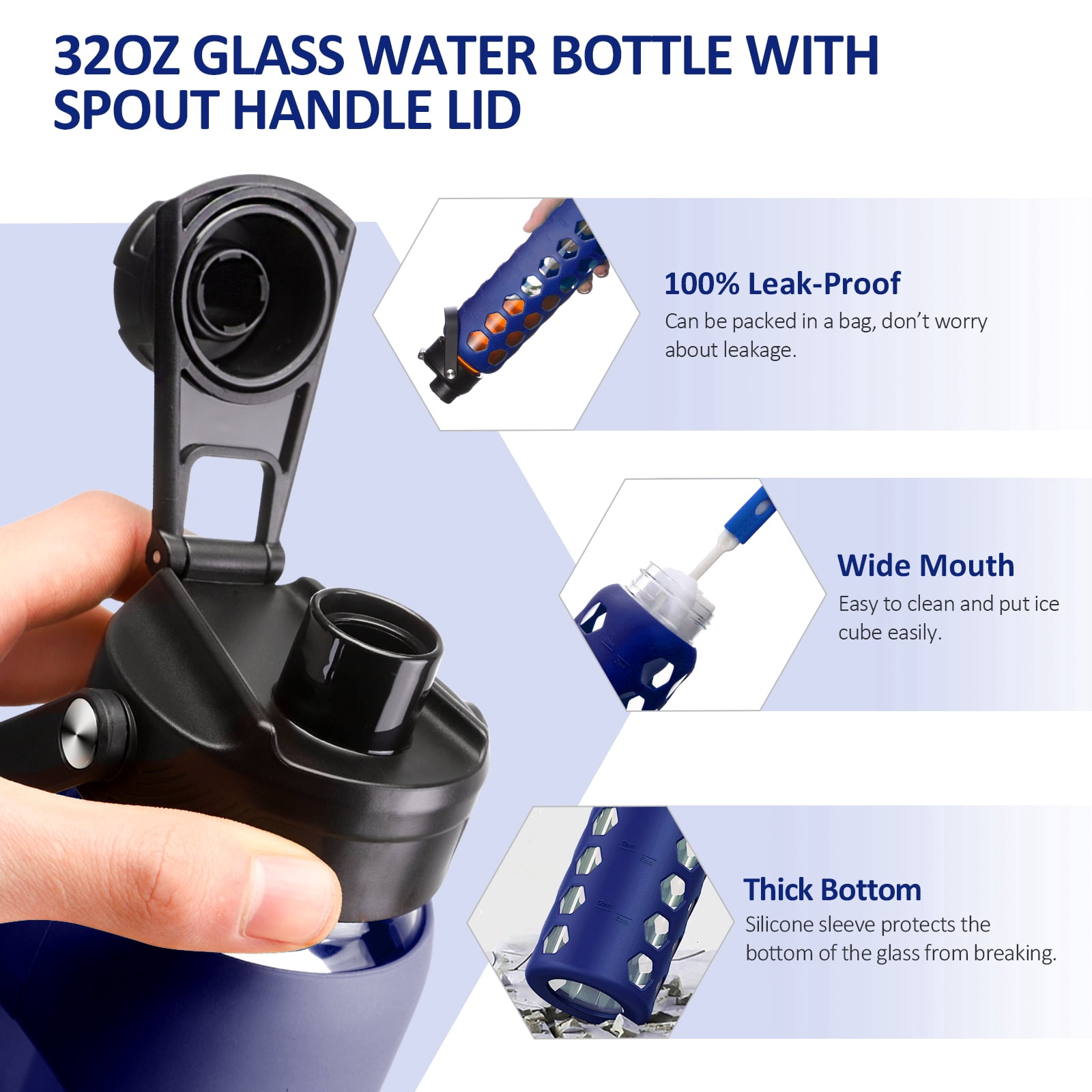 MUKOKO 32oz Glass Water Bottles, Motivational Water Tumbler with 2 Lids-Handle Spout Lid&Bamboo Straw Lid, Time Marker Reminder and Silicone Sleeve, Blue