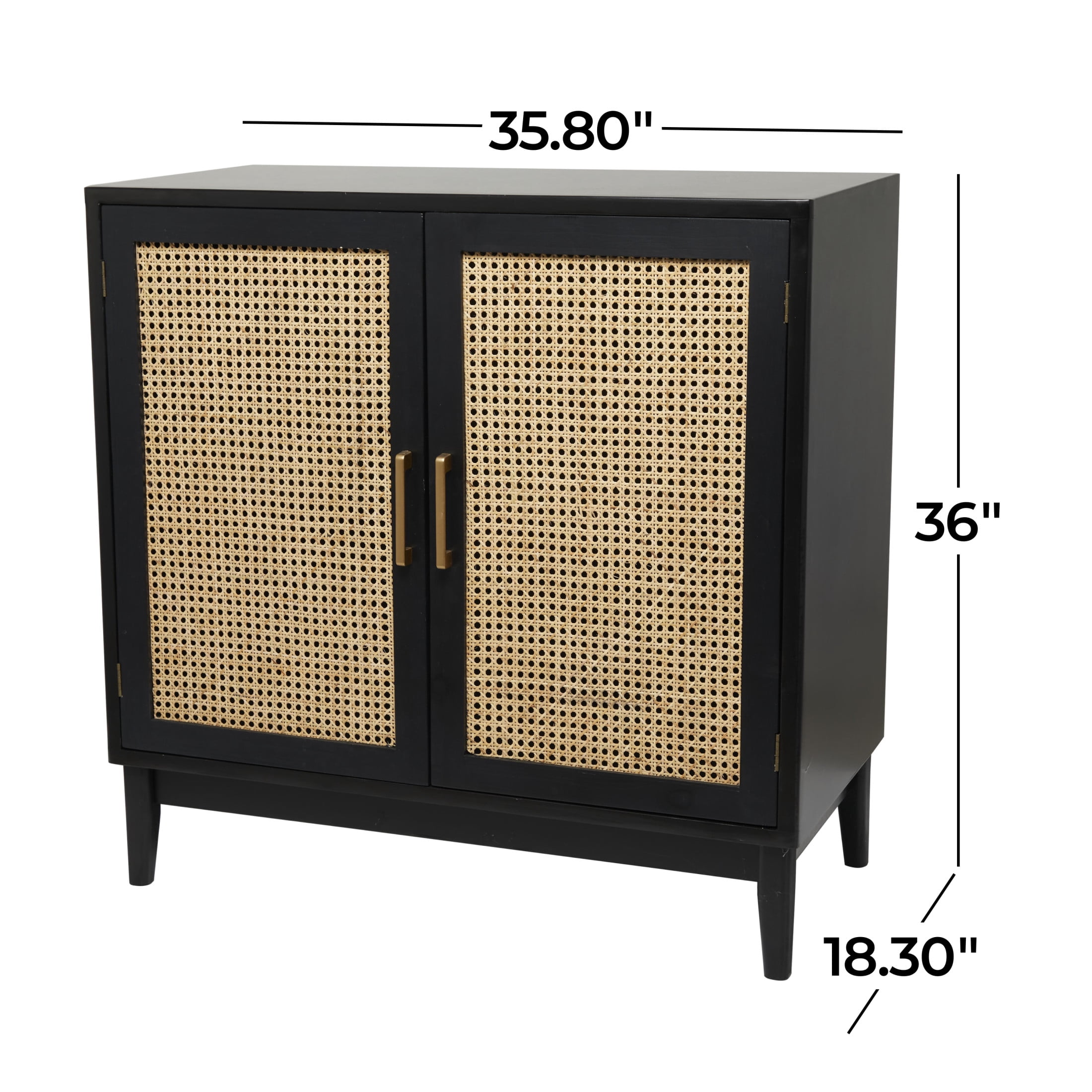 DecMode 36" x 36" Black Wood 2 Door Cabinet with Beige Rattan Doors and Gold Handles, 1-Piece