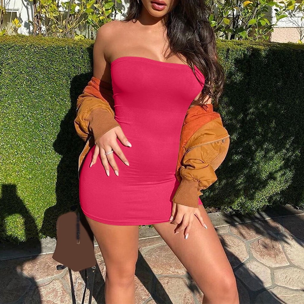 Outfmvch Dress Pink Dress Nightclub Slash-Neck Strapless Shoulder