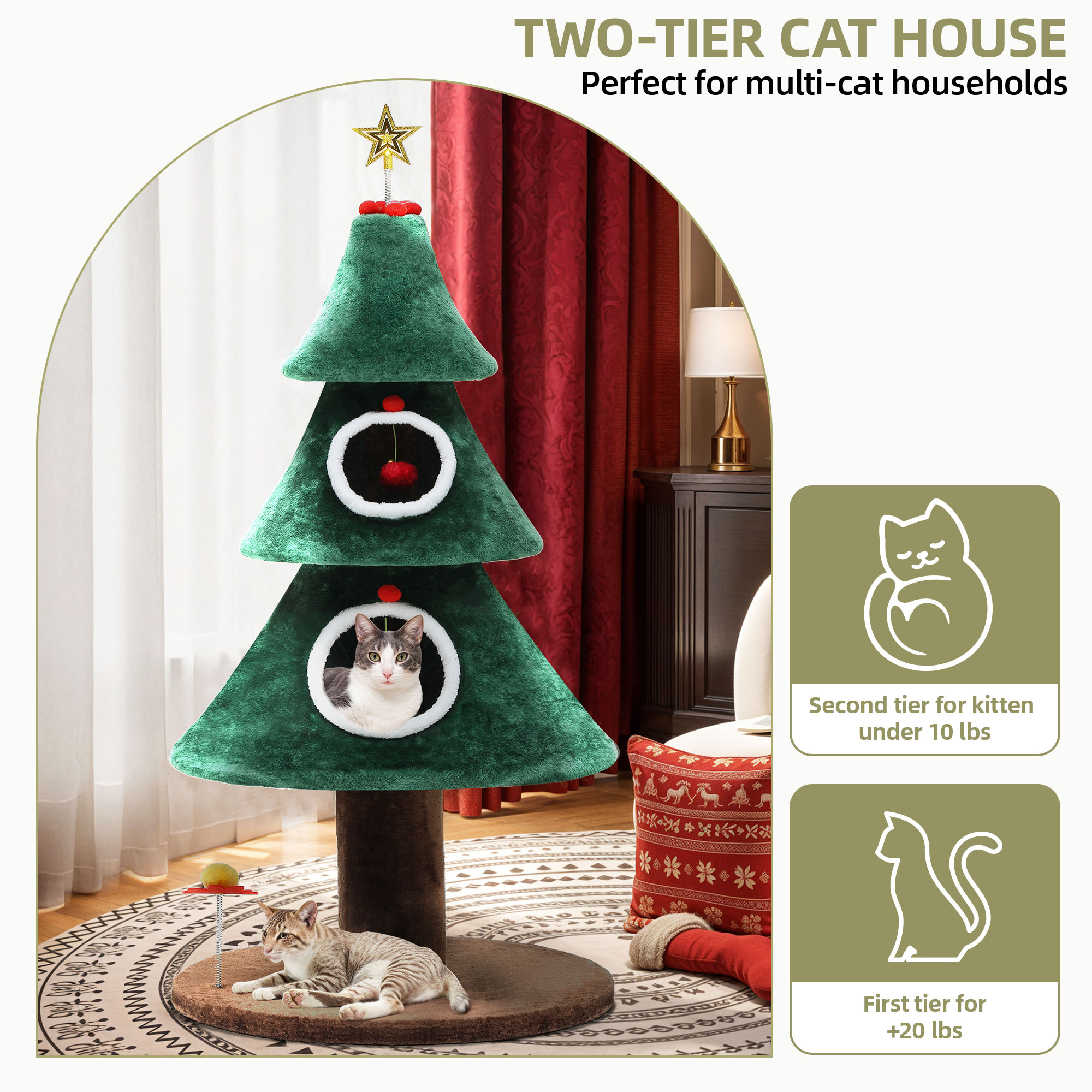 Uforic 52" Large Christmas Cat Tree Tower with 2 Condos &Teaser Plaything, Green