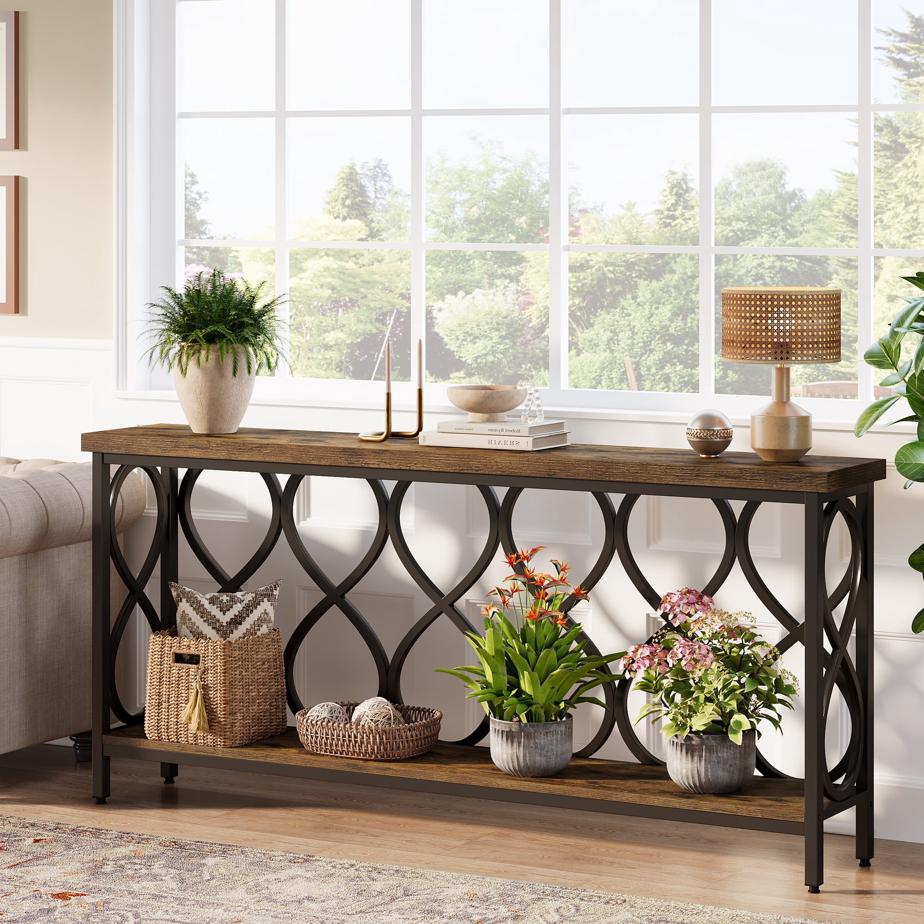 Tribesigns 70.9" Industrial Console Sofa Table, 2-Tier Entryway Accent Table Behind Couch for Living Room, Hallway, Entry, Rustic Brown