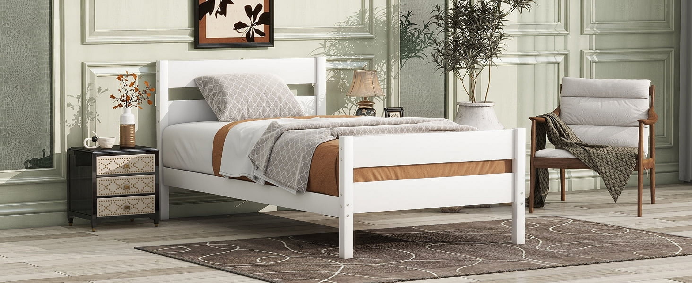 Twin Size Rubber Wood Platform Bed Frame with Headboard & Footboard, 10 Plywood Slats Support, No Box Spring Needed, Under Bed Storage, 250LBS Capacity for Small Bedroom