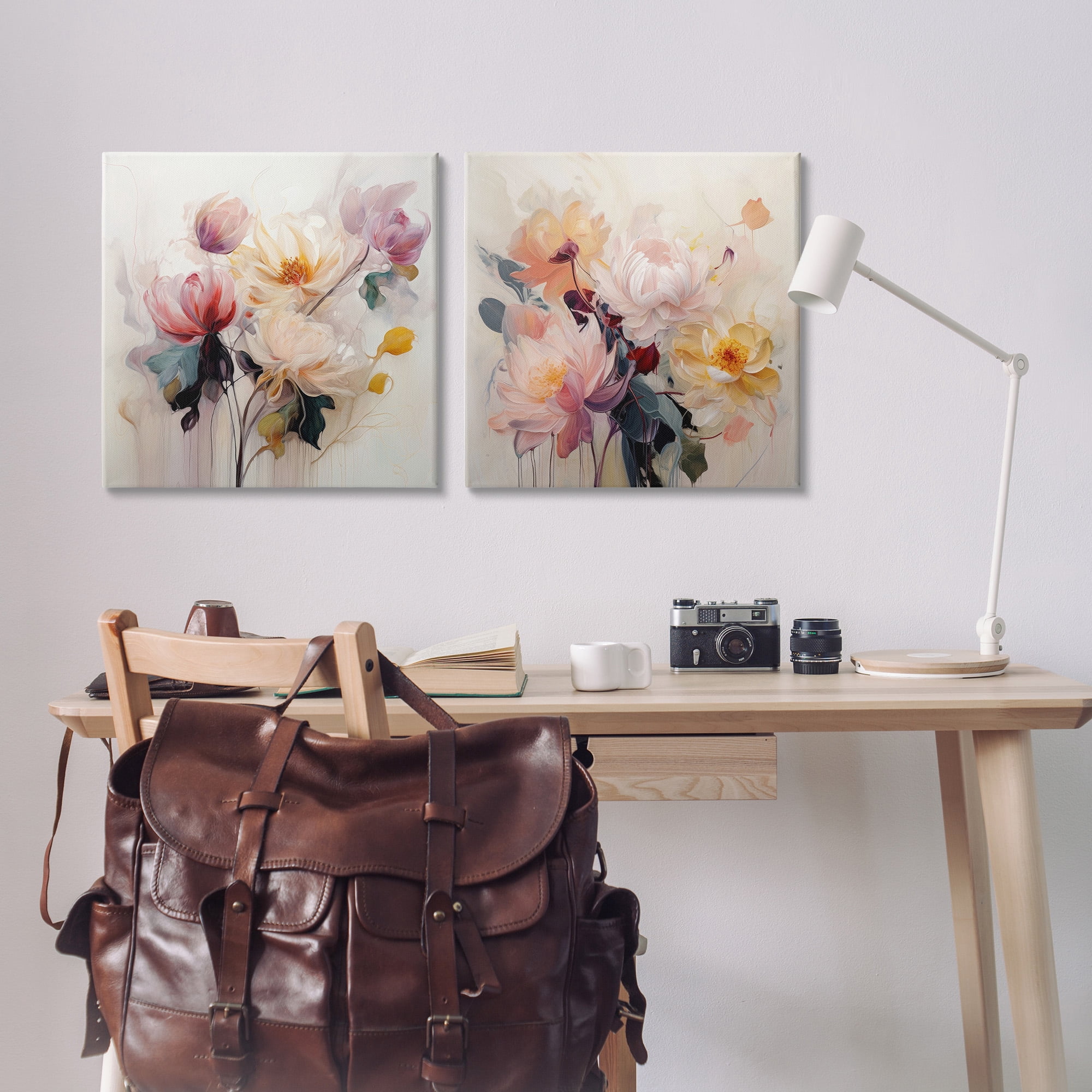 Stupell Industries Soft Blooms on Beige Botanical & Floral Painting Gallery Wrapped Canvas Art Print Wall Art, 24 x 24, Set of 2