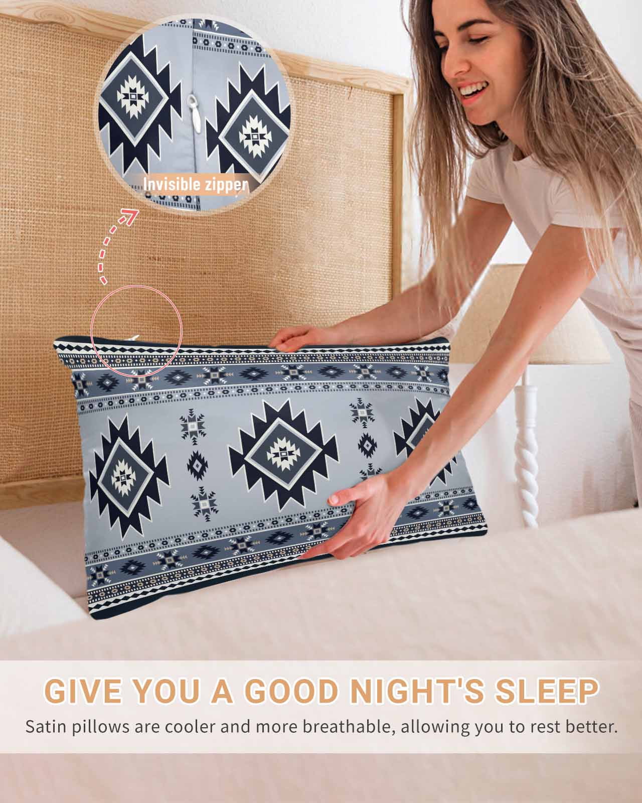 Blue Aztec Pillow Cases King Size Set of 2, Smooth Satin Pillowcase for Hair and Skin, Boho Southwest Farmhouse Ethnic Motifs Decorative Cooling Bed Pillow Covers with Zipper, 20x36 Inches