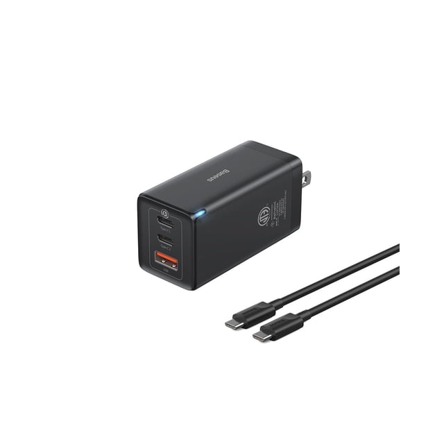 Cargador USB C Baseus 65W, 3 puertos, GaN plegable, para iPhone