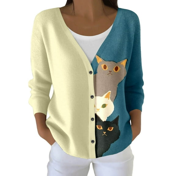 Cnbwig Cardigan Sweaters for Women Fall Cute Cat Printed Trendy Button Down Open Front Lightweight Womens Cardigans Yellow XXXL