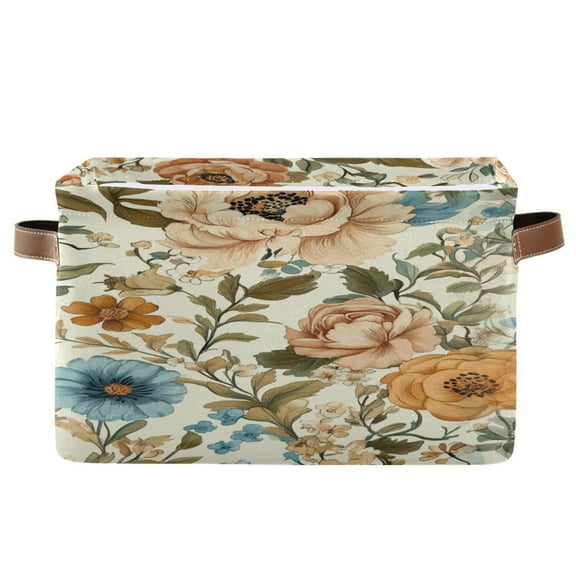 Beautiful Vintage Floral Foldable Storage Basket,Canvas Fabric Foldable Storage Bins with Handles Open Home Storage Bins Boxes for Toy Book Shelf Closet Baskets