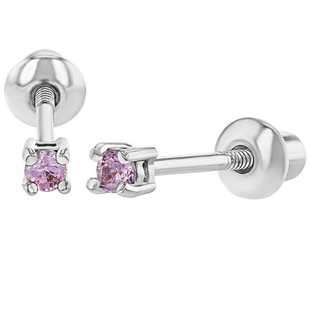 - Rhodium Plated Extra Small 2mm Prong Set Round Baby Screw Back Earrings