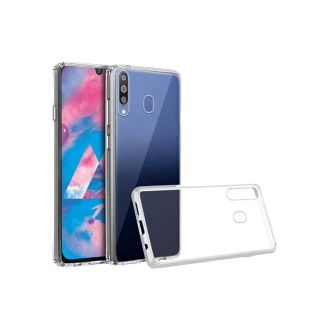 funda de acrigel cely vesmir para samsung a20s más 2 micas de cristal transparente. Vista frontal y trasera centrada de funda completamente transparente con respaldo rígido de acrílico y bordes de silicón grueso, recortes para cámara triple y lector de huellas, bordes ligeramente elevados para proteger la cámara, diseñada para conservar y mostrar el color del teléfono sobre fondo blanco; también se usa comúnmente para proteger el equipo durante transporte diario.
