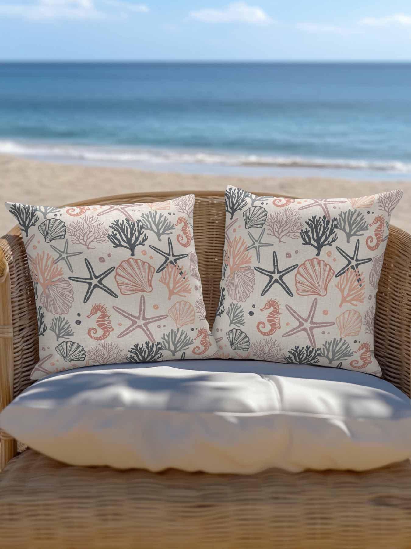 Waterproof Outdoor Throw Pillows with Inserts 16"x16",Coral Pink Grey Coastal Soft Decorative Pillowcases for Bedroom,Summer Beach Starfish Coral Nautical Rustic Pillow Covers for Sofa Living Room