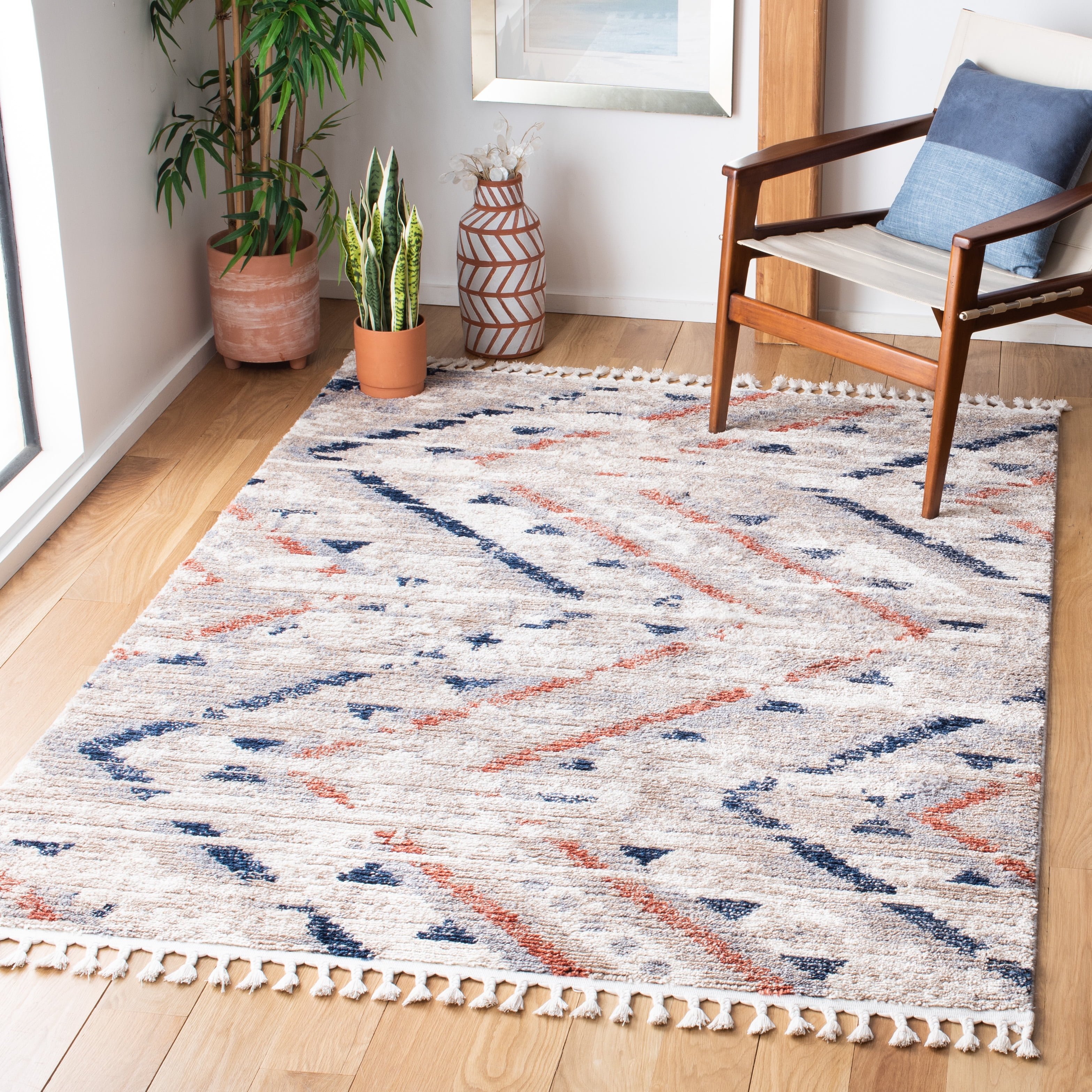 SAFAVIEH Morocco Amadine Geometric Striped Polyester Area Rug, Grey/Navy, 5'3" x 7'6"