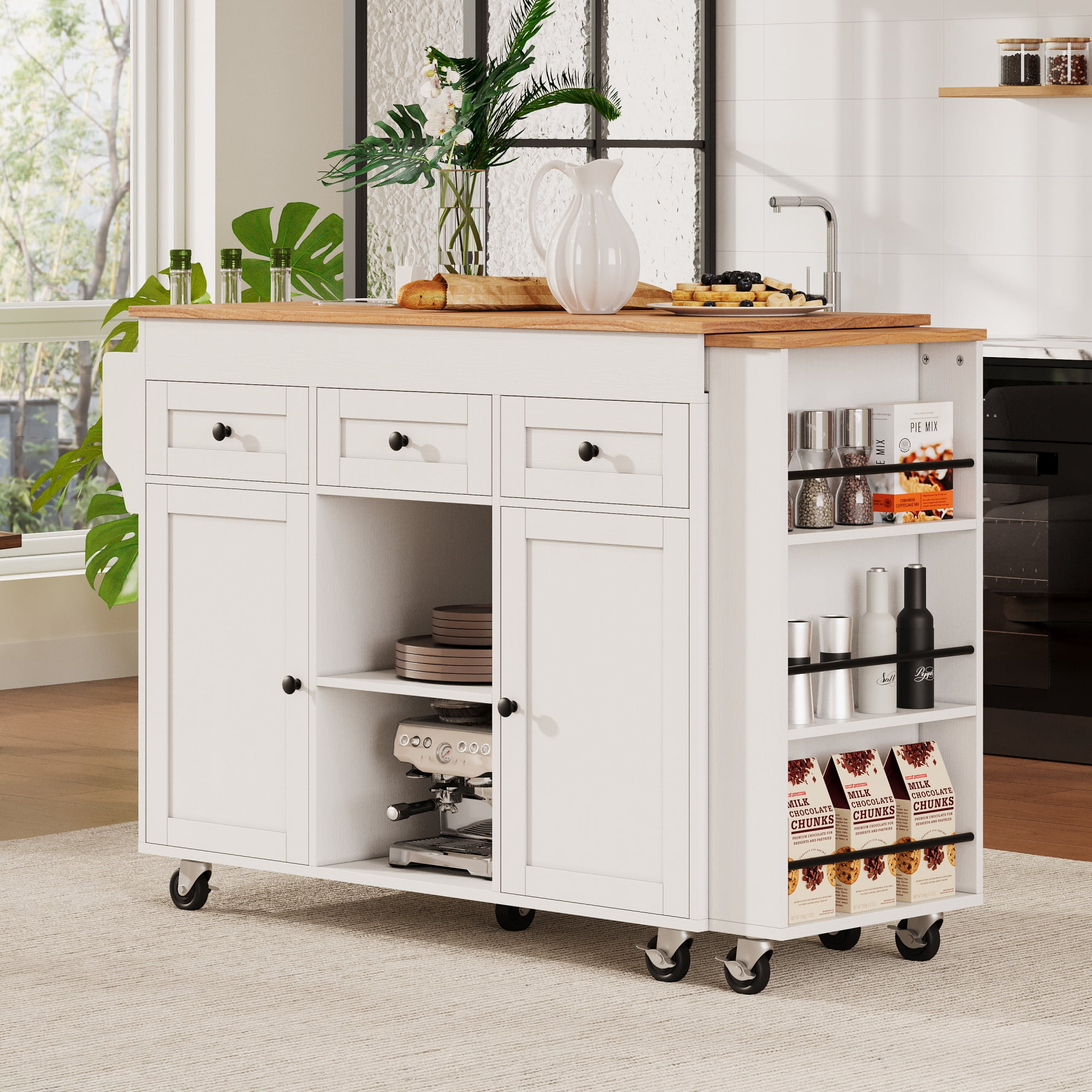 Leumius Kitchen Island with Extendable Dining Table, Kitchen Storage Table with 3 Side Open Shelves, Rolling Kitchen Island with Power Outlet, 3 Drawers, 2 Doors for Kitchen Dining Room White