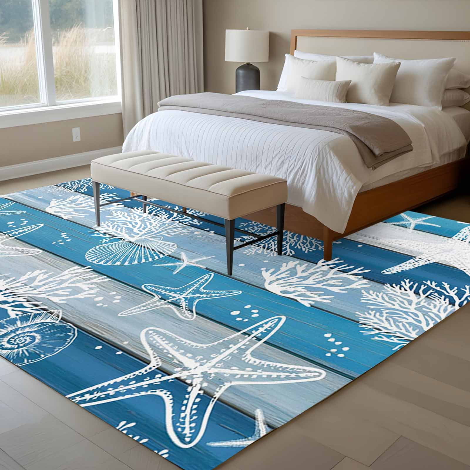 5'x7' Area Rugs for Living Room Bedroom, Blue Coastal Beach Washable Rug Carpet Runner Indoor Outdoor, Nautical Starfish Coral Vintage Wooden Non Slip Floor Mats Area Rug for Kitchen, Nursery