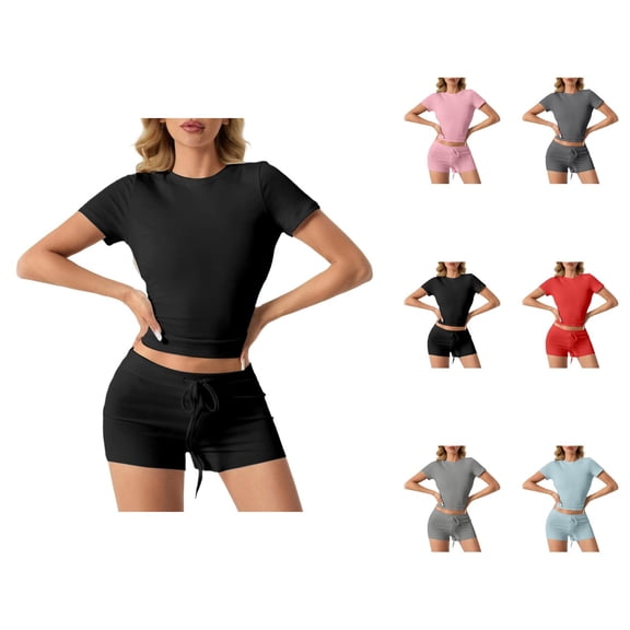 Short Sets for Women Slim Fit Short Sleeve Crewneck Crop T Shirt and Shorts 2 Piece Matching Set Womens Lounge Set