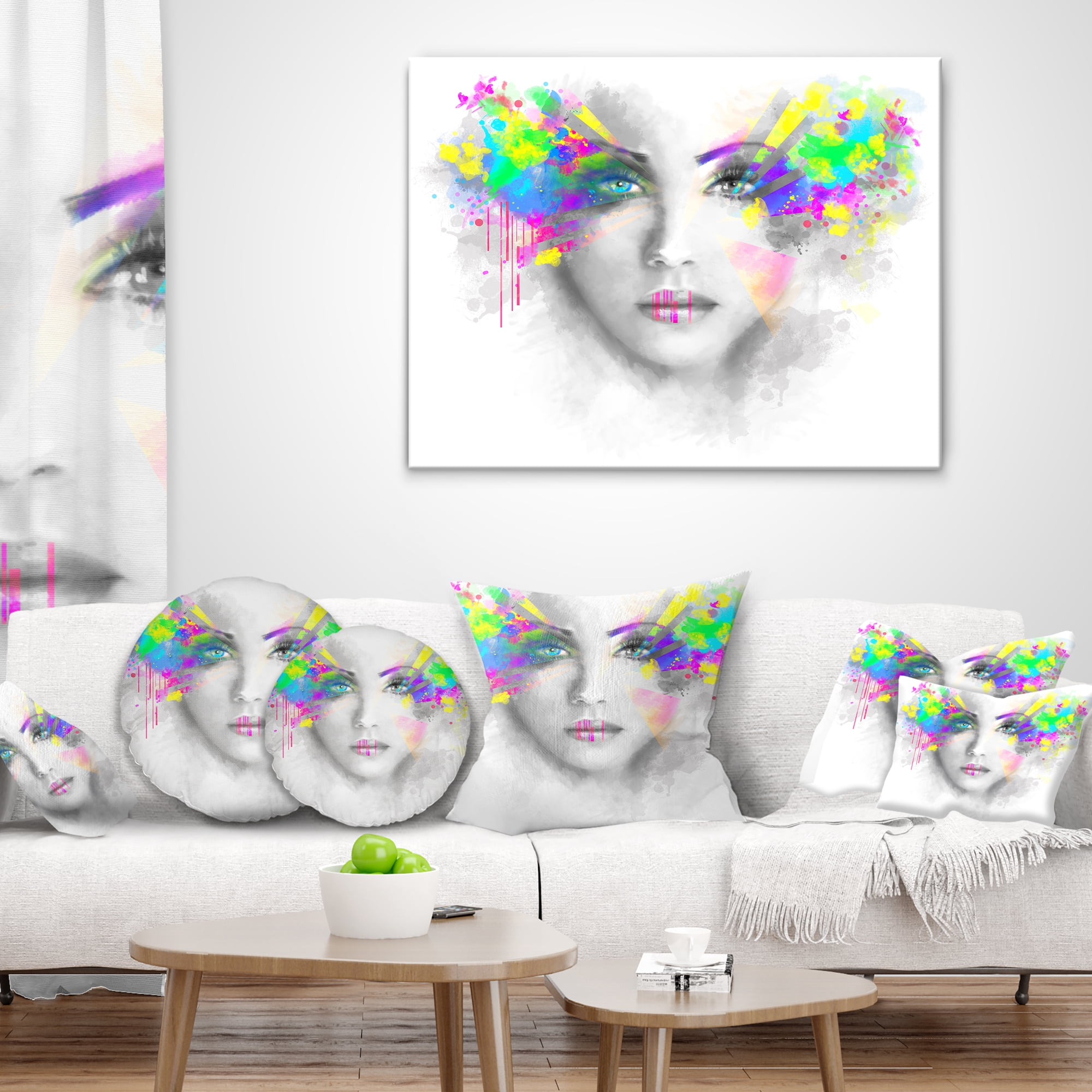 Designart Gray Woman with Green Flowers - Abstract Portrait Throw Pillow - 16x16