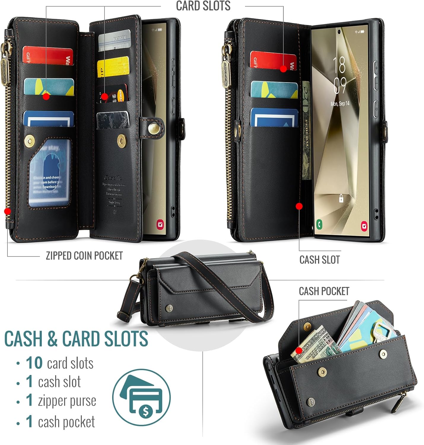 KOMI for Samsung S24 Ultra Case with RFID Blocking for Samsung Galaxy S24 Ultra Wallet Case for Women Men, PU Leather Magnetic Flip Strap Zipper Card Holder Phone Case for Galaxy S24 Ultra Black