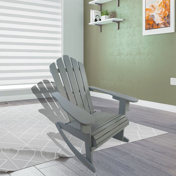 Grey Solid Wood Rocking Adirondack Chair - Outdoor Patio Seating for Porch, Deck & Backyard - Comfortable Sloping Seat - 250 LBS Capacity