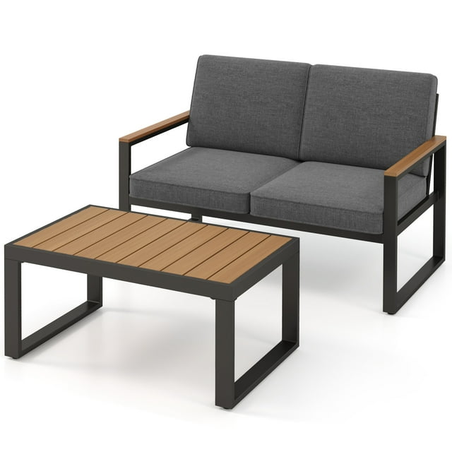 Gymax Ensemble de Mobilier de Patio en Aluminium 2 Pcs Canapé Sectionnel Coussiné avec Table à Café