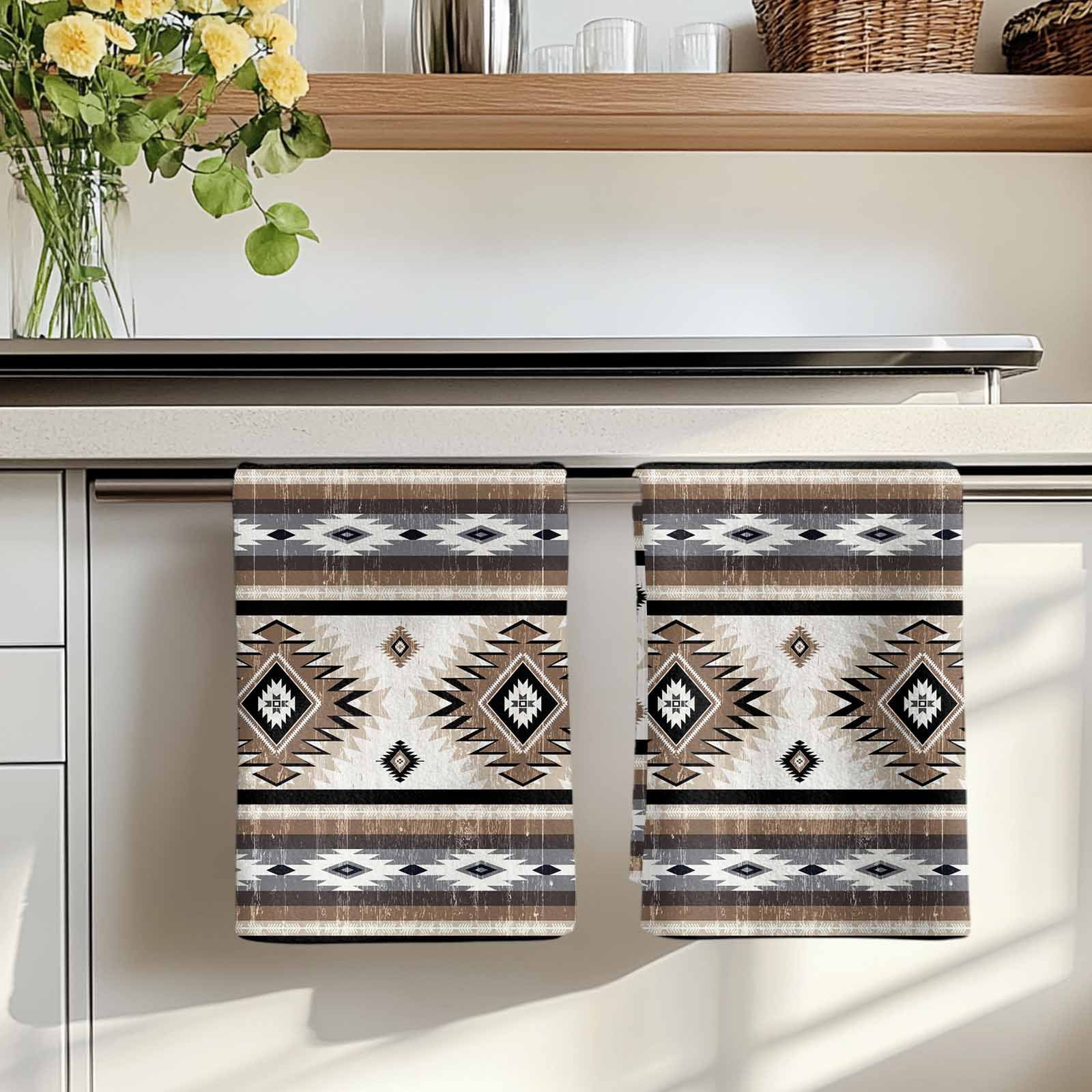 Dish Towels, Brown Grey Boho Aztec Absorbent Kitchen Towels 2 PCS, Southwest Tribal Geometric Microfiber Hand Towels Dish Cloths Tea Towels for Home&nbsp;Bathroom Cleaning Drying,18X28-Inch,