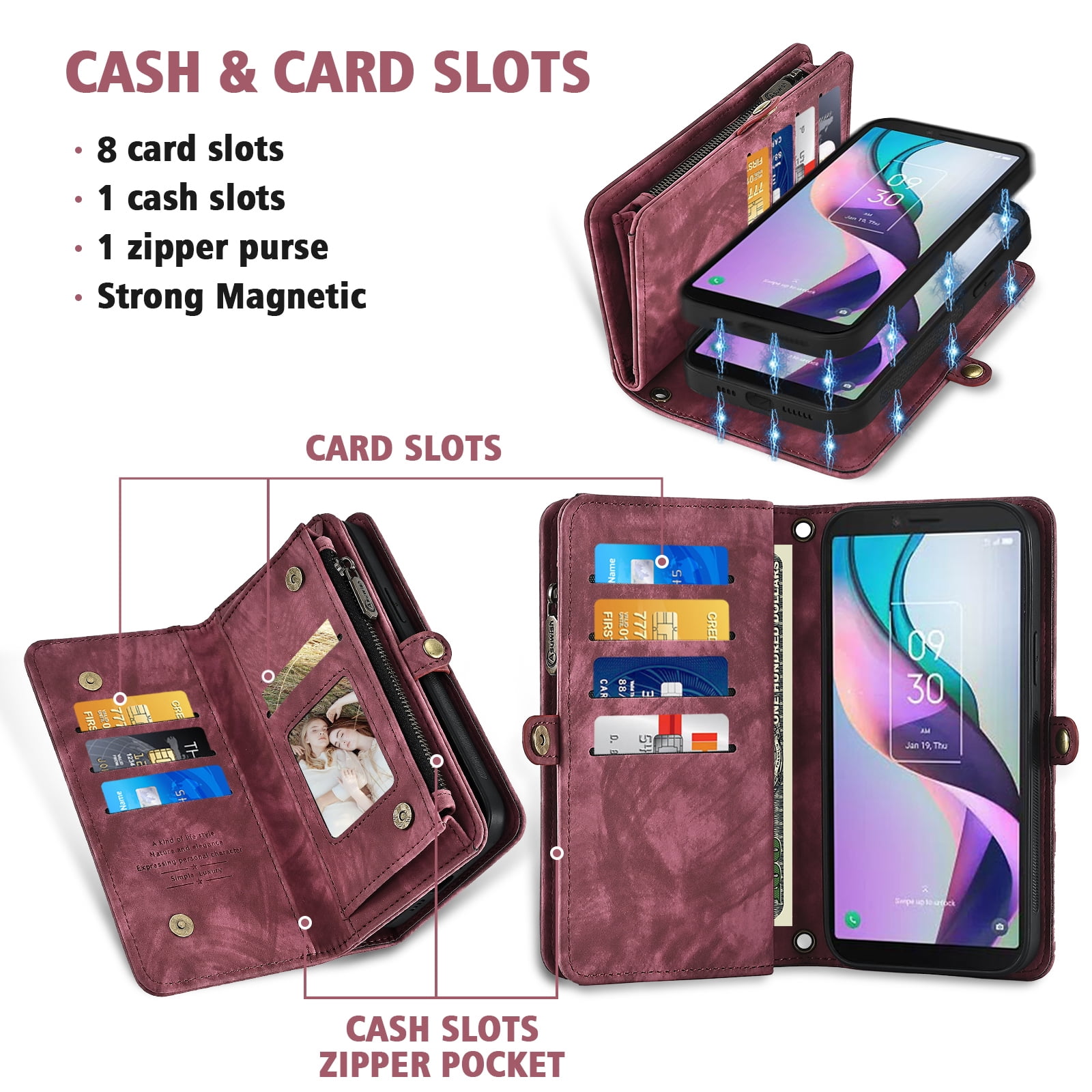 Asuwish Phone Case for Metro TCL Ion X/Ion V/40Z T607DL Zipper Wallet Detachable Cell Cover with Tempered Glass Screen Protector Crossbody Strap Flip Card Holder IonX T430W IonV 2023 Women Girls Red