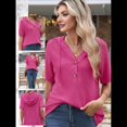 thumbnail image 4 of Blusas de Verano para Mujer, de Punto Gofre, de Corta, con Cordón, Sudaderas con Botones y Cuello en V, Blusas Informales, Camisas. Rojo L, 4 of 9