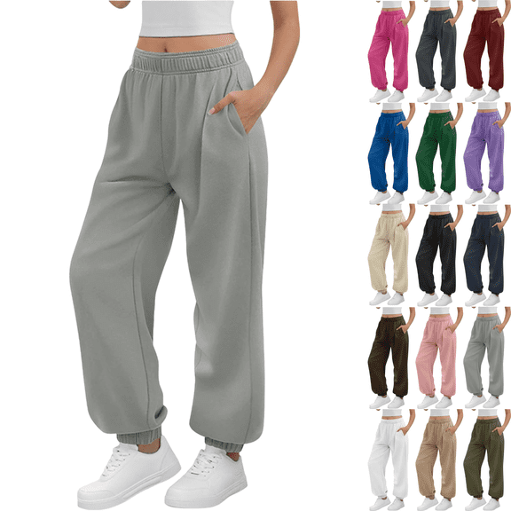 Sweatpants for Women Qiggri Solid Color Elastic Waist Sports And Leisure Belt Pocket Threaded Ankle Pants Casual Trousers Long Straight Pants
