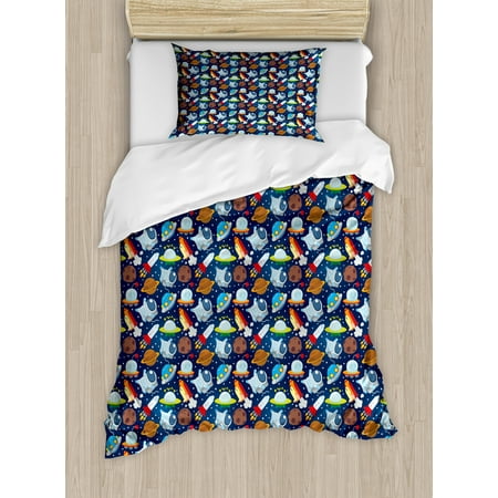 Spaceship Duvet Cover Set Cosmic Star Filled Illustration With