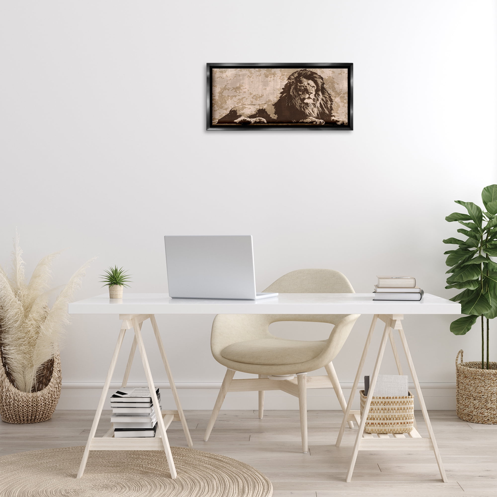 Stupell Industries Rustic Impression Lion Animals Painting Black Floater Framed Canvas Art Print Wall Art, 25 x 11