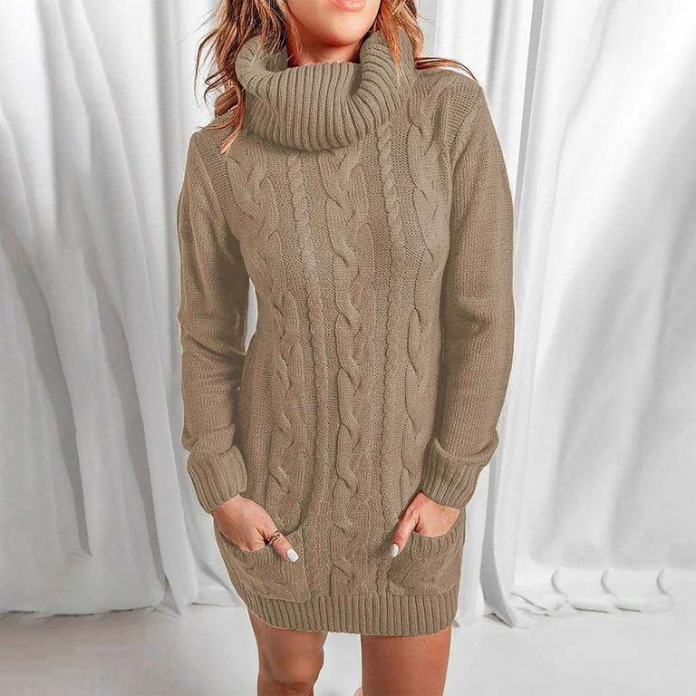 Stamzod Women's Turtleneck Long Sleeve Cable Knit Sweater Dress Slouchy  Oversized Chunky Pullover Dresses Khaki L