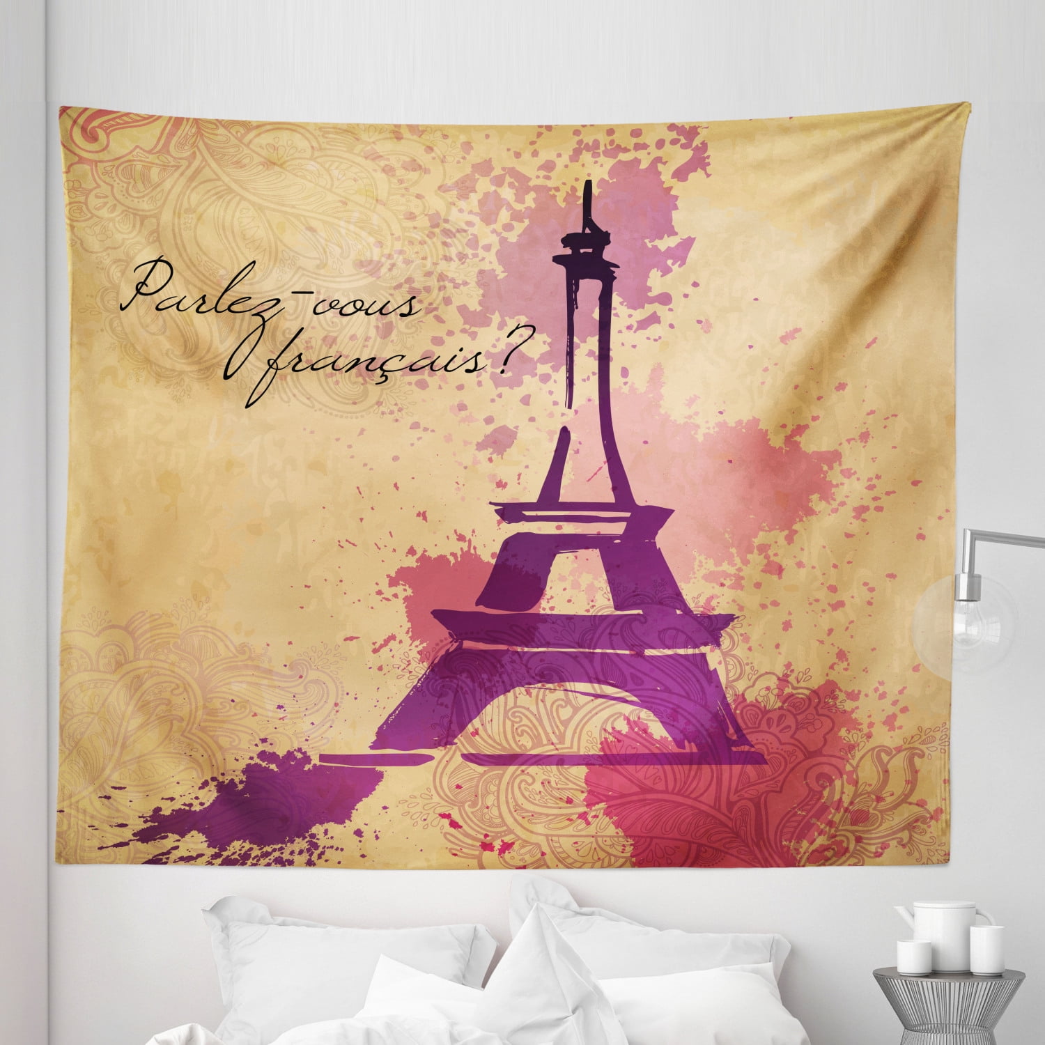France Tapestry, French Cursive Wordprint Eiffel Doodle Silhouette ...