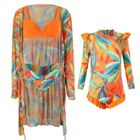 KYAIGUO Mommy and Daughter Matching Swimsuits Bathing Suits with Beach Cover up Mommy and Me Family Matching Bikini Set Swimwear for Women Girls