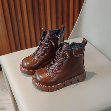 

B91xZ Snow Boots for Girls Boys and Girls Ankle Boots Flat Bottom Non Slip High Top Lace Up Plush Warm and (Brown 11.5 Little Child)