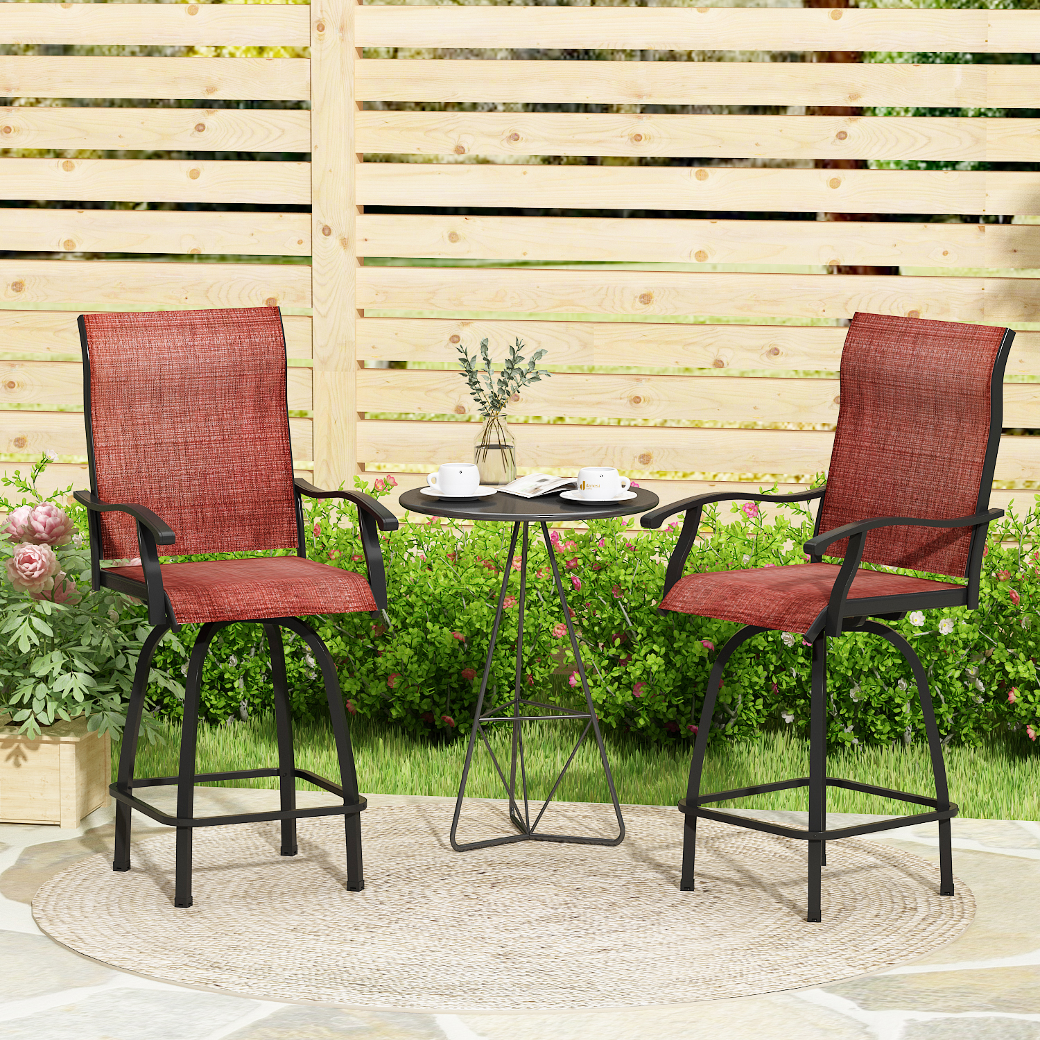Homsee 2 Pack Patio Swivel Bar Height Patio Bistro Set, 360-Degree Swivel Outdoor Bar Stool, Red - image 3 of 8