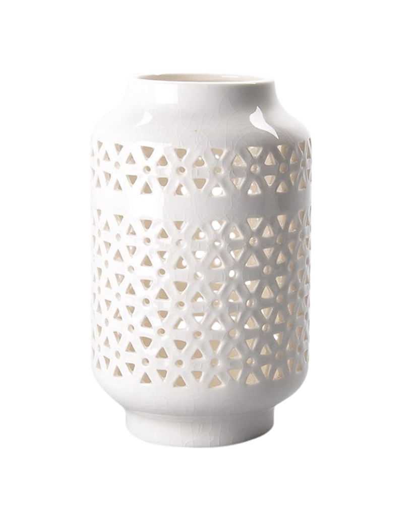 Salient Cutout Patterned Ceramic Candle Lantern, White