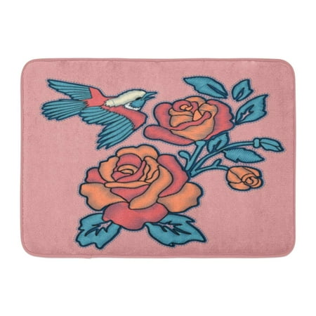 Embroidered Mat Standard - GODPOK Red Floral White Patch Rose Embroidery Design and Sparrow Black Bird Green Embroidered Rug Doormat Bath Mat 23.6x15.7 inch