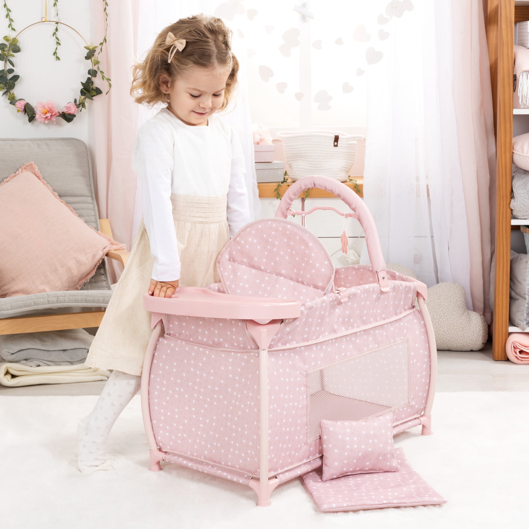 Bayer Design: Doll Multi-Bed - Soft Pink & Polka Dot - Sleep Playpen, Built-In Feeding Highchair, Pillow-Blanket, Care Center Fits 18" Dolls, Kids 3+