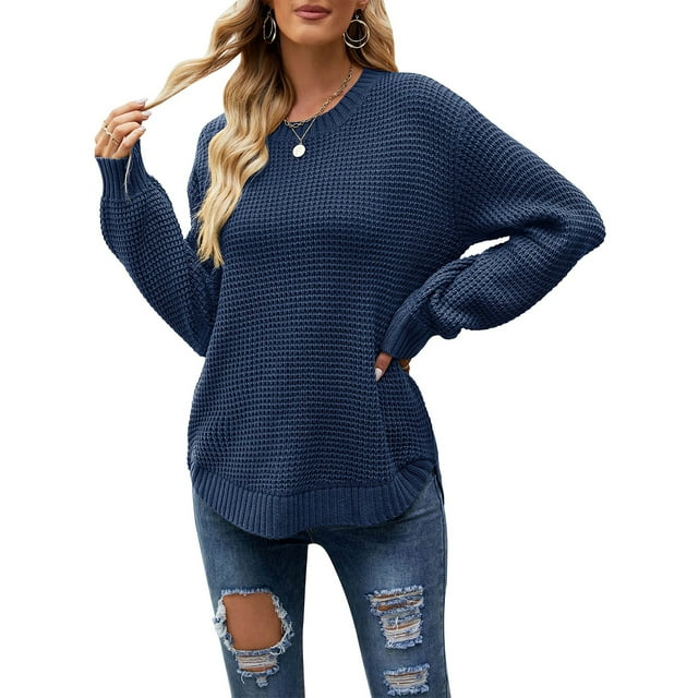 Fashnice Chandail Femme Col Rond Chandail Chaud d'Hiver Décontracté Tricoté Bleu Marine G