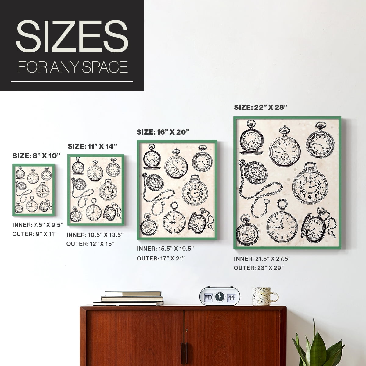 Pocket Watch Sketches II in Green Solid Wood 11 x 14 Framed Print