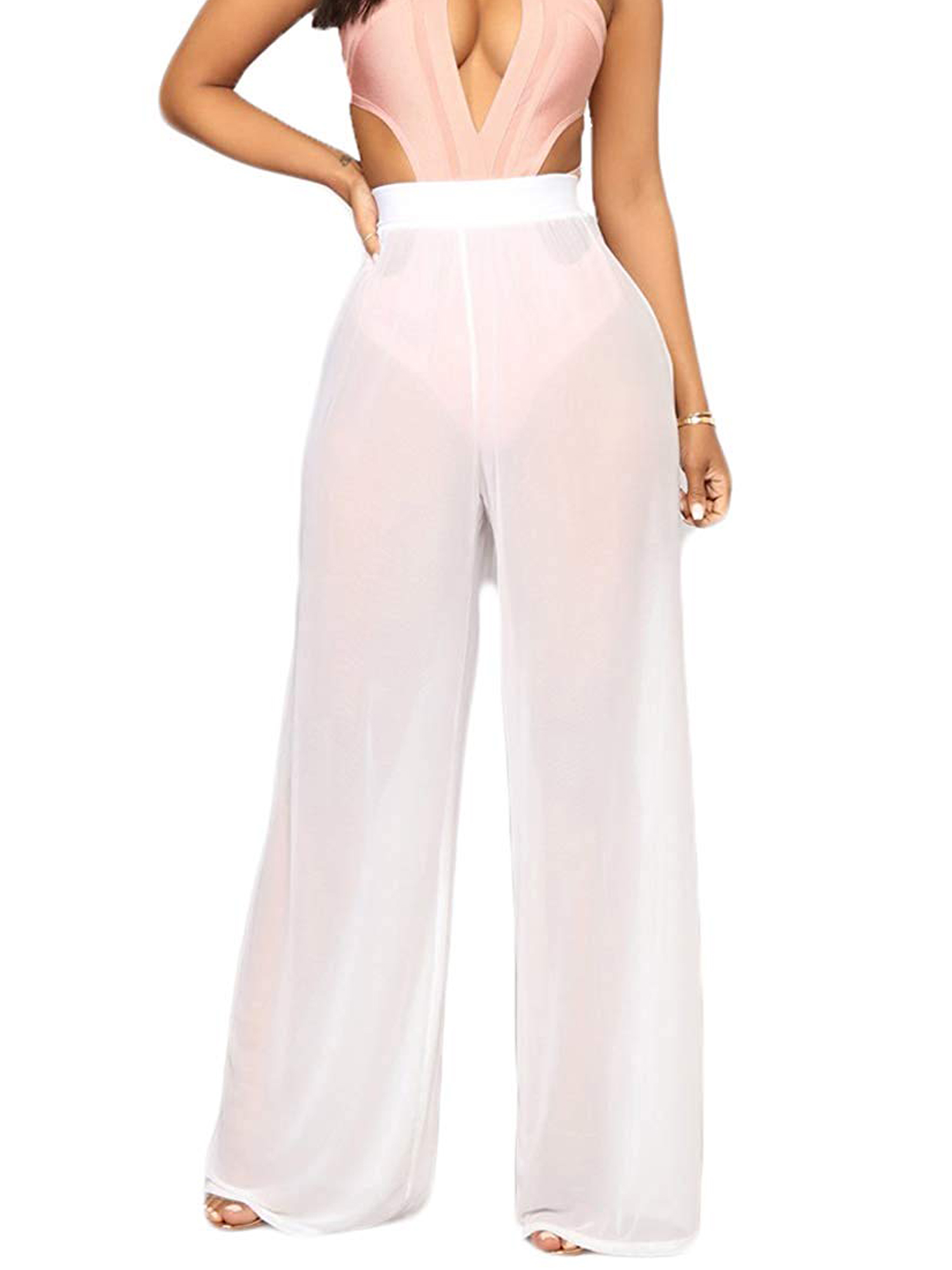 Lazybaby Women See Through Sheer Mesh Flare Pants Beach Swimsuit Bikini