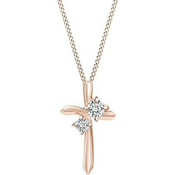 Real 925 Sterling Silver 14K Rose Gold Plated Round Cut White Diamond Two Stone Cross Pendant Necklace For women