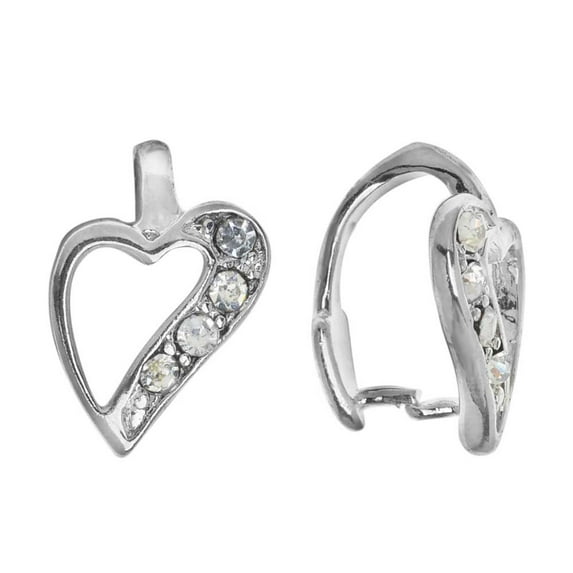 Silver Toned Brass Pinch Bail with Heart, 13.5mm Glass Rhinestone Encrusted, 1 Piece