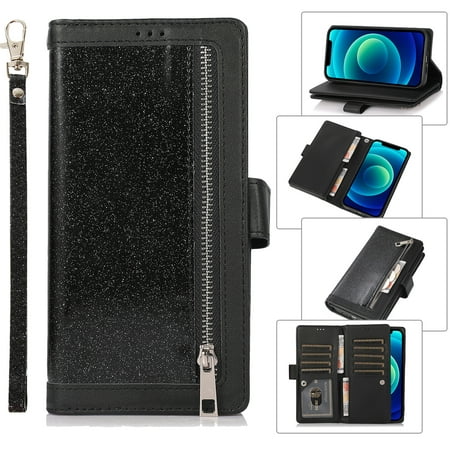 Feishell Sparkle Case For Samsung A42 5G, Women Wallet with Card Holder, Glitter Bling Flip PU Leather Magnetic Kickstand Zipper Purse Case Wrist Strap for Samsung Galaxy A42 5G, Black
