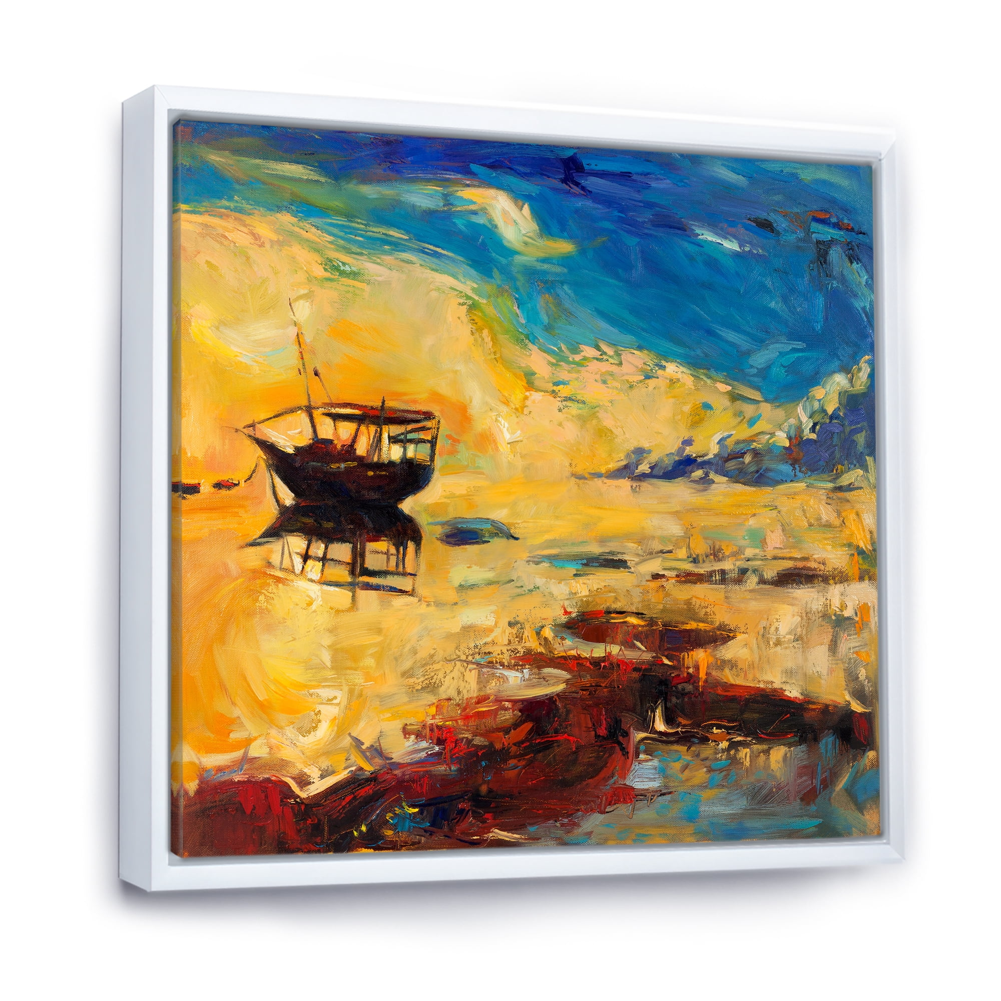 Designart 'Abstract Boat At The Ocean Horizon During Sunset' Nautical & Coastal Framed Canvas Wall Art Print
