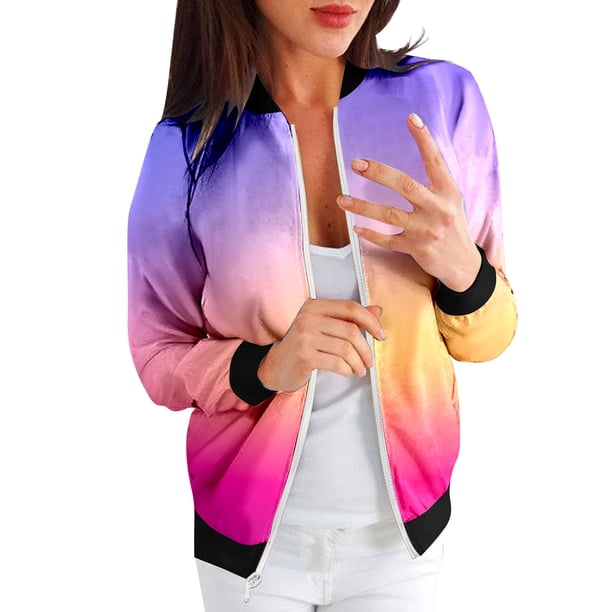 Gibobby Chaquetas tendencia ocio Abrigo suelto para mujer, cuello Rojoondo, cremallera, manga larga, chaqueta clásica con estampado degradado, prendas de vestir informales para uso diario (Rosa, XL)