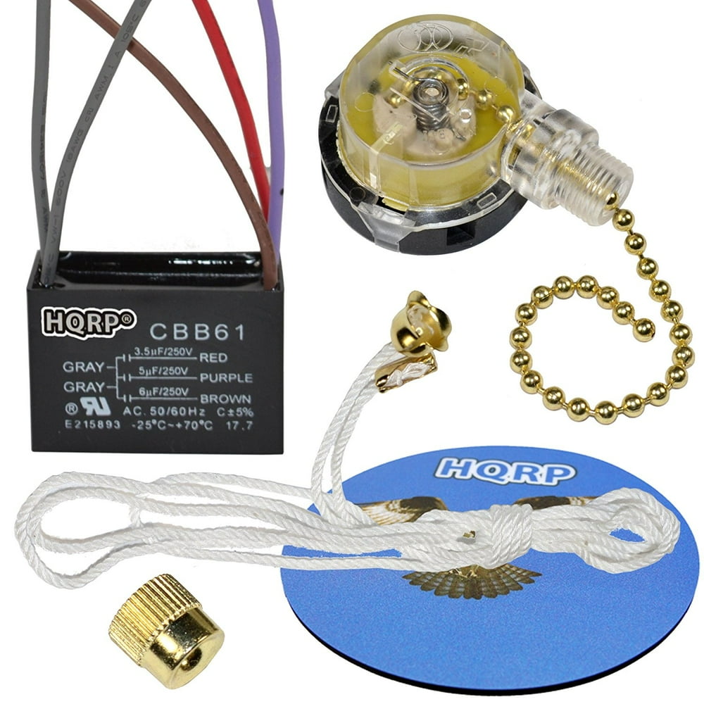 HQRP Kit Ceiling Fan Capacitor 3.5uf+5uf+6uf 5Wire CBB61 and 3Speed Fan Switch + HQRP Coaster