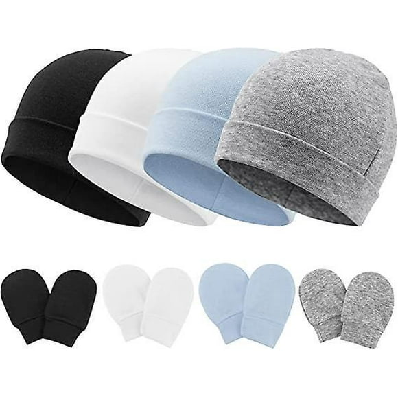 Dww-4pcs Bonnet Bb Et Gants Bb 0 - 6 Mois (noir, Blanc, Gris, Bleu Clair) Bonnet Nouveau - N Mignon Tricot Bonnet Bb Garon Bonnet Enfant