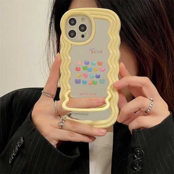 Ins Korean Little Love Heart Wavy Mirror Stand Funda para teléfono para iPhone 14 Pro 11 12 13 Pro Max Funda a prueba de golpes Funda linda zhangmengya LED