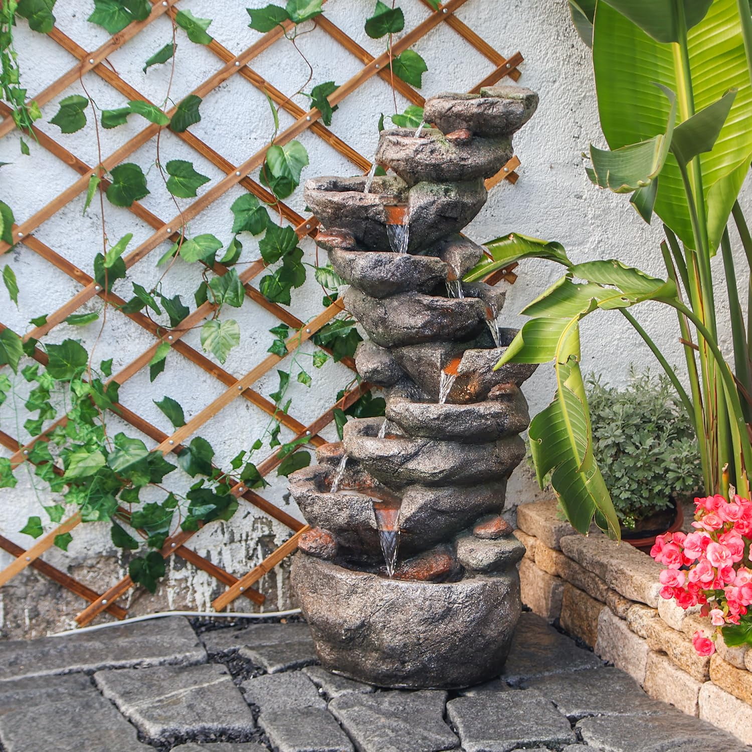10-Tier Cascading Rock Water Fountain Outdoor Garden Waterfall Fountains Patio Backyard Deck Porch Pond Art Decor for Outside 39.76" H Outdoor Feature with LED Lights